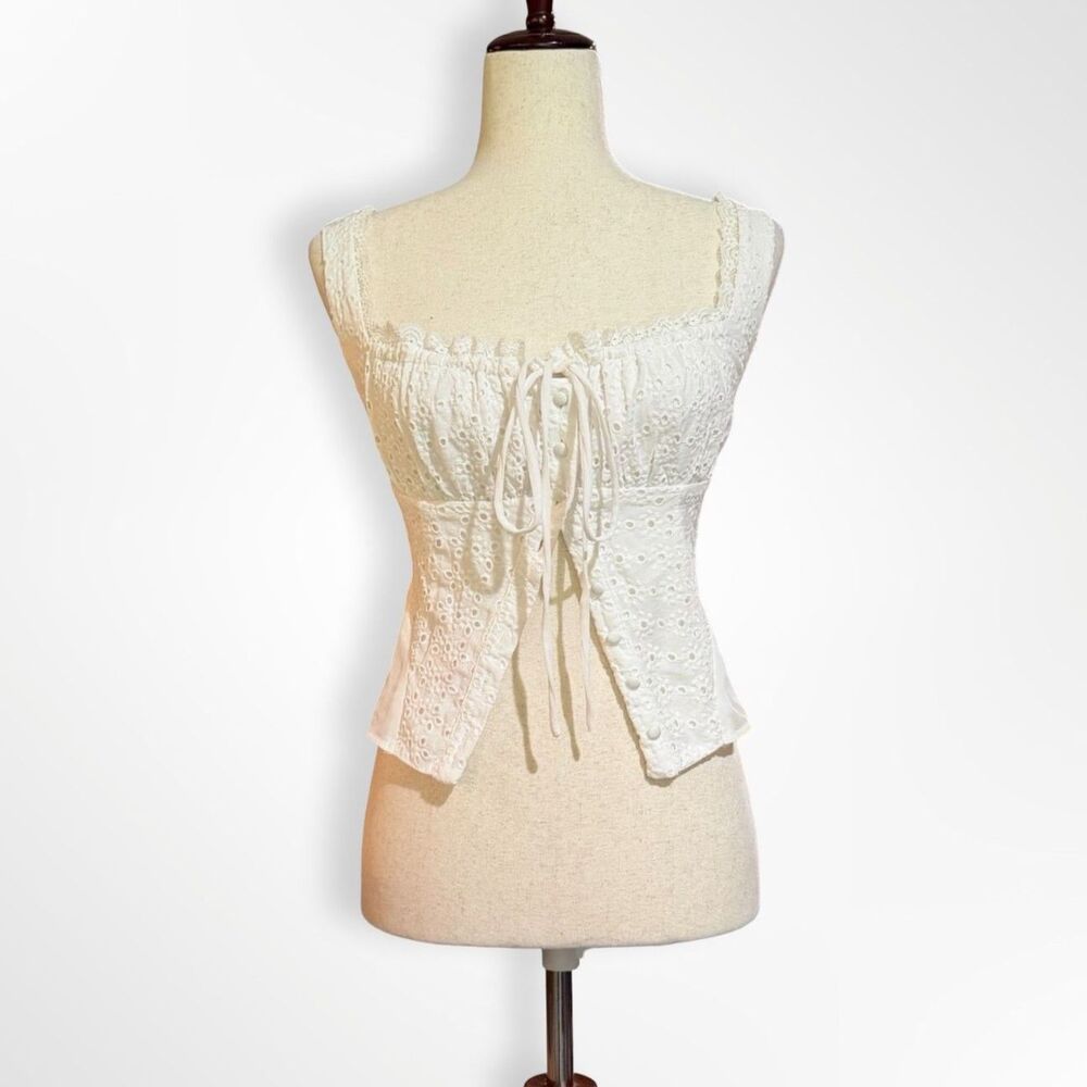 House of Thread, Sleeveless Eyelet Button Milkmaid Top, S Y2K Tomato Girl
